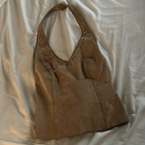 Vintage cache leather suede tan lace up back halter. Size 8.